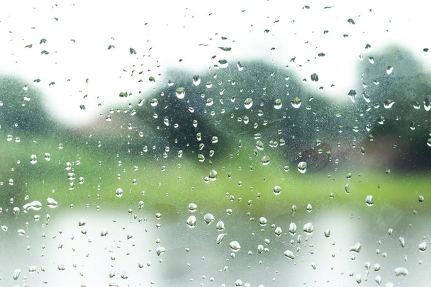 Krople deszczu na tle szklanego okna. - Zdjęcie, obraz