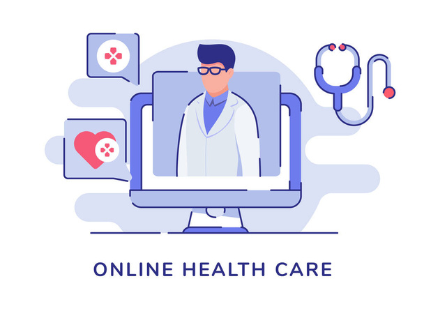 Online terveydenhuollon käsite lääkäri hahmo esillä näytön tietokoneen valkoinen eristetty tausta tasainen tyyli - Vektori, kuva