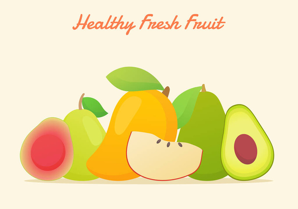 Healthy fresh fruit set collection guava mango apple avocado pear fresh juicy vitamin nutrition fiber white isolated background with flat color style - Вектор,изображение