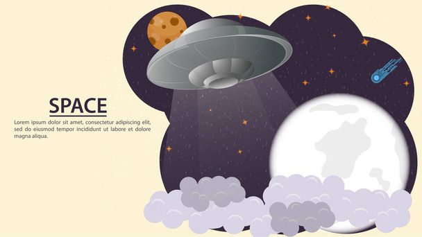 UFO repülő csészealj, repül a felhők felett a világűrben, a háttér a Hold és a bolygók, lapos vektor rajz design - Vektor, kép