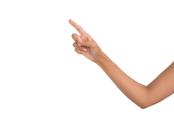 Рука палец указывая на белом фоне с тонкой кожей руки загар женщина. - Фото, изображение