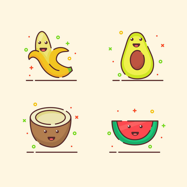 Frutta icone set raccolta banana avocado cocco anguria carino mascotte faccia emozione felice frutta con colore piatto cartone animato contorno stile - Vettoriali, immagini