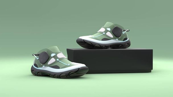 Концепция обуви с коробкой на зеленом фоне. Дизайн упаковки. 3d иллюстрация. - Фото, изображение