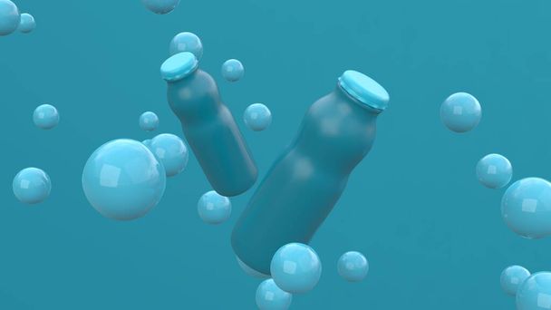 Zwei Flaschen fliegen in der Luft auf blauem Hintergrund mit schwebenden Kugeln. Verpackungsdesign. 3D-Illustration. - Foto, Bild