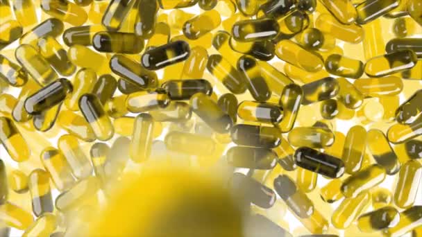 Kulta 3D realistinen geeli pillereitä putoamisen hidastettuna valkoinen eristetty tausta. Medicine 3d animaatio tausta. - Materiaali, video