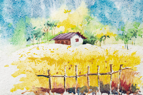 Aquarelle peinture de village indien, une maison avec fond de forêt verte et champ de couleur jaune au premier plan. Peinture à l'aquarelle indienne réalisée avec des peintures et des pinceaux. - Photo, image