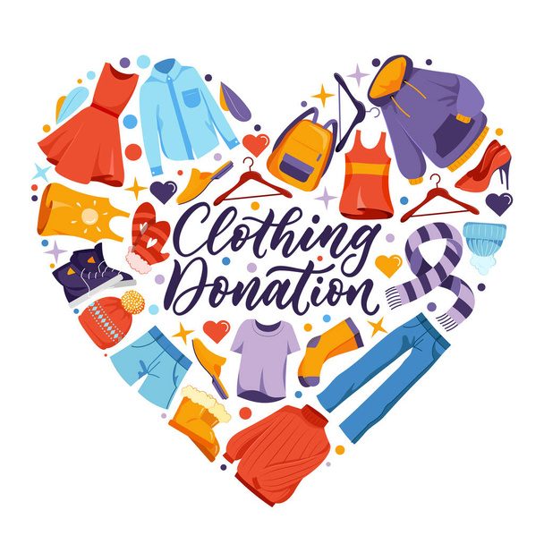 Used clothing donation, banner or poster with hand drawn calligraphy lettering. Clothes in heart shape, vector icons and design elements. Social humanitarian aid and charity concept - Vector, Image