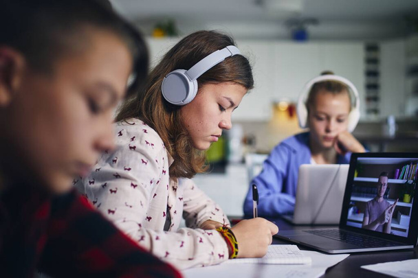Online school lesson. Children learning via internet with laptops at home. - Foto, Imagem