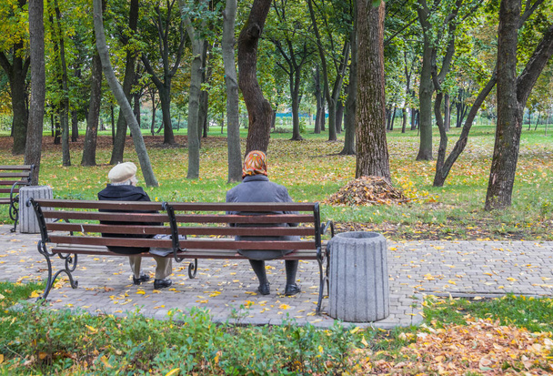 Mulheres idosas sentadas em um banco de parque no jardim de outono - Foto, Imagem