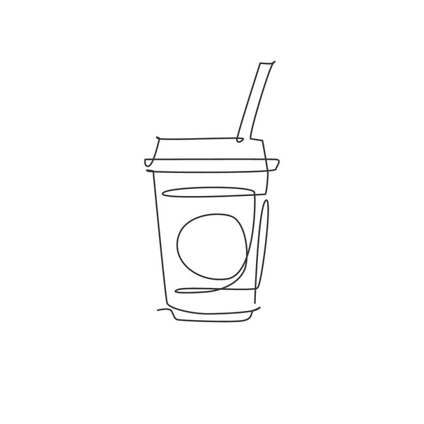 Одна линия рисования свежего безалкогольного напитка на графической векторной иллюстрации логотипа пластикового стекла. Меню кафе и концепция дизайна значка ресторана. Современная непрерывная линия рисования дизайн улицы пищевой логотип - Вектор,изображение