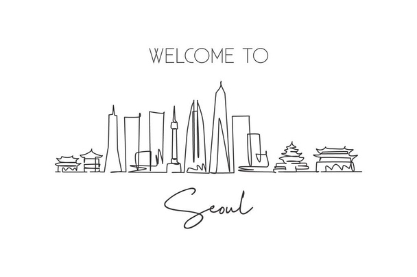 One single line drawing of Seoul city skyline, South Korea. World town landscape postcard print. Best place holiday destination. Editable stroke trendy continuous line draw design vector illustration - Vector, Image