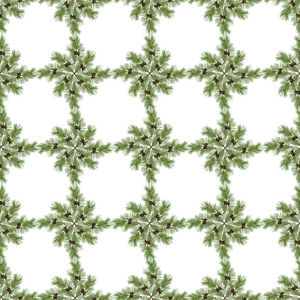 Nahtloses Muster, Dekoration, Hintergrund aus natürlichen grünen Kiefernzweigen, gesammelt in verschiedenen geometrischen Formen. - Foto, Bild