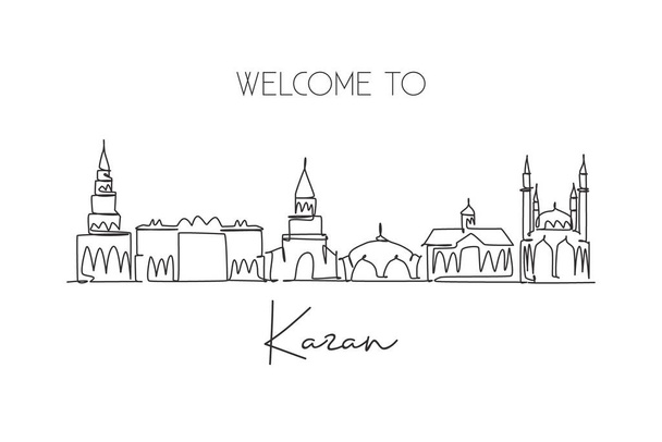 Yksi jatkuva linja piirustus Kazanin horisonttiin, Venäjä. Kuuluisa kaupungin kaavin maisema postikortti tulostaa. Maailman matkailukohde käsite. Editable aivohalvaus moderni yhden linjan piirtää suunnittelu vektori kuva - Vektori, kuva