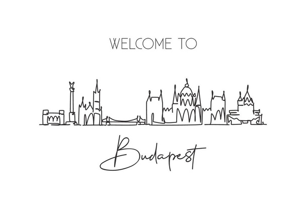 Yksi jatkuva linja piirustus Budapestin kaupungin horisonttiin, Unkari. Kaunis maamerkki postikortti. Maailman maisema matkailu matkustaa loma. Muokattava tyylikäs aivohalvaus yhden viivan piirtää suunnittelu vektori kuva - Vektori, kuva
