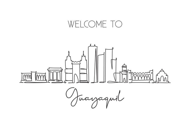 One single line drawing Guayaquil city skyline, Ecuador. World historical town landscape wall decor poster print. Best place holiday destination. Trendy continuous line draw design vector illustration - Vector, Image