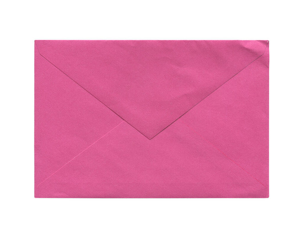 front view closeup of closed blank old aged pink letter paper envelope isolated on white background - Photo, Image