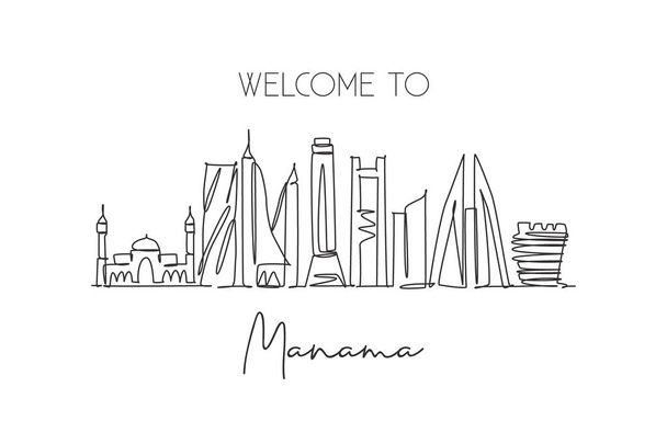 Jedna souvislá čára kreslí panorama města Manama Bahrajn. Krásný otisk pohlednice. Světová krajina cestovní dovolená. Upravitelná stylová jednořádková kresba návrhu vektorové ilustrace - Vektor, obrázek