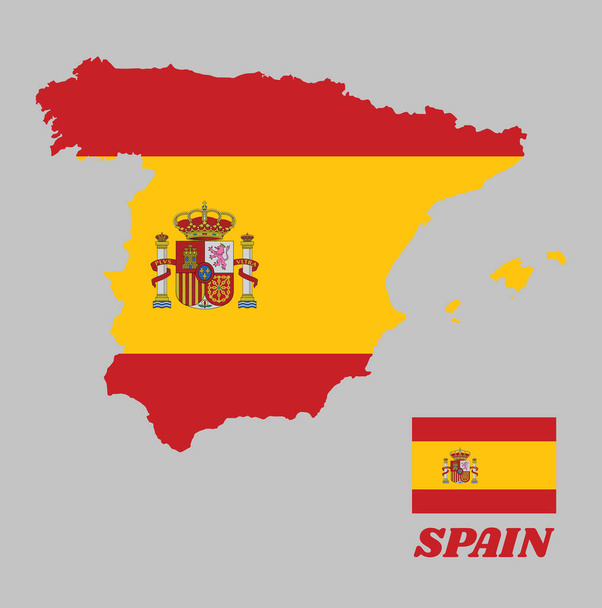 Map outline and flag of Spain and the country name, a horizontal of red yellow and red; charged with the Spanish coat of arms left of center. - Vector, Image