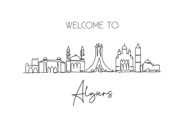 One continuous line drawing of Algiers city skyline, Algeria. Beautiful landmark postcard. World landscape tourism travel vacation. Editable stylish stroke single line draw design vector illustration - Vector, Image