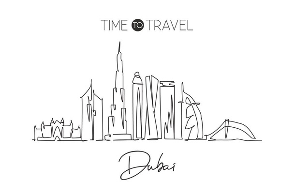 Birleşik Arap Emirlikleri 'nde Dubai şehrinin siluetinin tek sıra çizimi. Ünlü şehir manzarası, duvar dekorasyonu, poster baskısı. Dünya seyahati kavramı. Modern bir çizgi çizimi tasarım vektörü çizimi - Vektör, Görsel