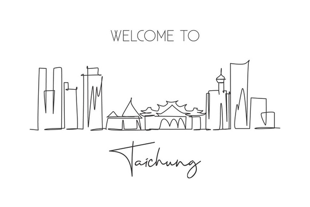 One single line drawing of Taichung city skyline, Taiwan. Historical town landscape home wall decor art poster print. Best holiday destination. Trendy continuous line draw design vector illustration - Vector, Image