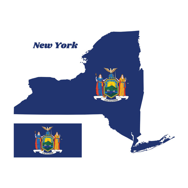Mapa obrysu a vlajky New Yorku a státní název. Znak státu New York na modrém poli. - Vektor, obrázek