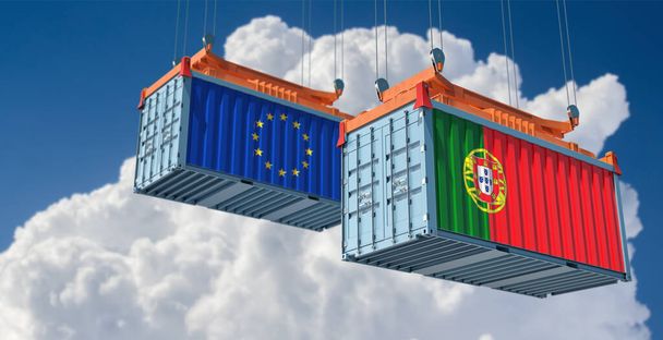 Freight containers with European Union and Portugal flags. 3D Rendering - Foto, immagini