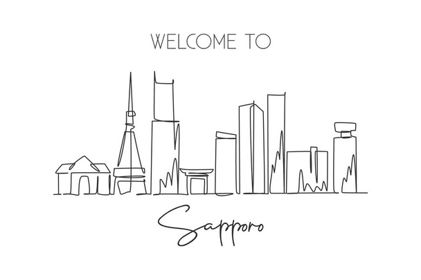 Single continuous line drawing of Sapporo city skyline, Japan. Famous city scraper and landscape. World travel concept home art wall decor poster print. Modern one line draw design vector illustration - Vector, Image