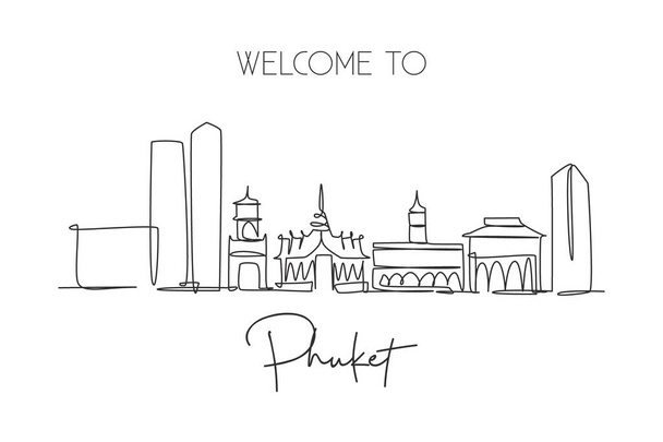 Een ononderbroken lijn tekening van Phuket stad skyline, Thailand. Prachtig oriëntatiepunt. Wereld landschap toerisme reizen poster. Bewerkbare stijlvolle slag enkele lijn ontwerp vector illustratie - Vector, afbeelding