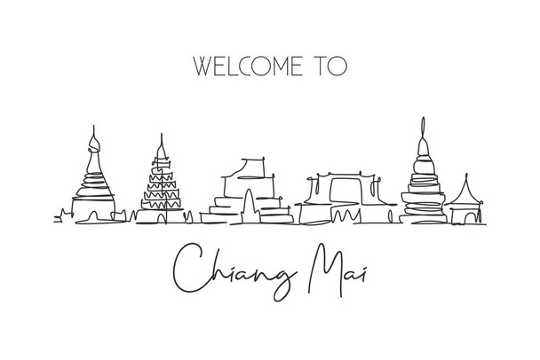 Ενιαία συνεχή γραμμή σχέδιο της πόλης Chiang Mai ορίζοντα, Ταϊλάνδη. Διάσημο τοπίο της πόλης. Παγκόσμια ταξιδιωτική έννοια σπίτι διακόσμηση τοίχου αφίσα τέχνης εκτύπωσης. Σύγχρονη μία γραμμή σχεδίαση εικονογράφηση διάνυσμα - Διάνυσμα, εικόνα