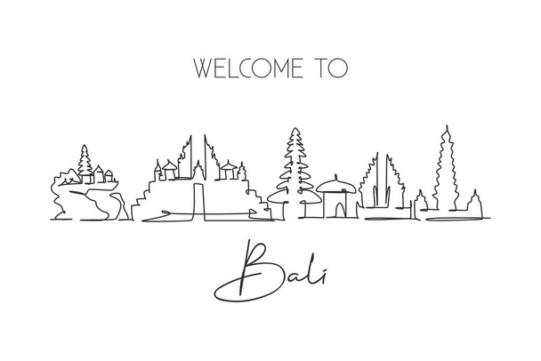 Eine durchgehende Linienzeichnung der Skyline von Bali, Indonesien. Schönes Wahrzeichen. Weltlandschaftstourismus Reise Urlaub Plakatkunst. Editierbare stilvolle Strich einzelne Linie zeichnen Design Vektor Illustration - Vektor, Bild
