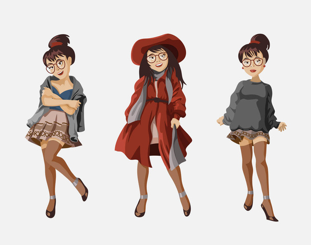 Set di donna di moda in abiti casual alla moda.Ragazza alla moda dimostrare abbigliamento autunno.Pacchetto di simpatici hipster ragazza o trendsetters.Isolated - Vettoriali, immagini