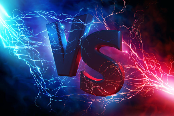 Neon versus logo, vs letters for sports and fight competition. Battle vs match, game concept competitive. Resistance symbol. Collision of two forces, flash, lightning, against a dark, foggy background - Vector, Image