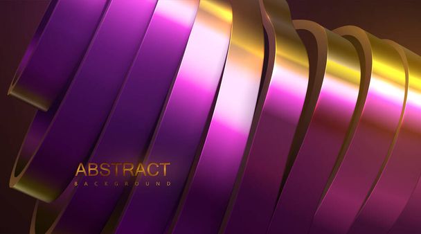 Sliced wavy surface. Vector futuristic illustration. Gold and purple abstract background with thin film reflection effect. 3d relief with curved ribbons. Decoration element. Modern cover design - Vector, Imagen