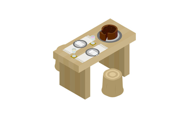 Siedzenie stołowe z izometrycznym ciastem czekoladowym - Wektor, obraz
