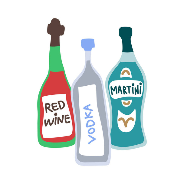 Collection of bottles of strong alcohol. Vodka, red wine and martini. Party drinks concept. Hand draw cartoon isolated illustration on white background. Doodle line graphic design. Freehand drawing - Vector, Image