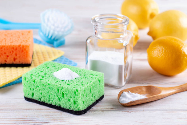 Eco-friendly natural cleaners. Vinegar, baking soda, salt, lemon and cloth. Home green cleaning. - Photo, Image