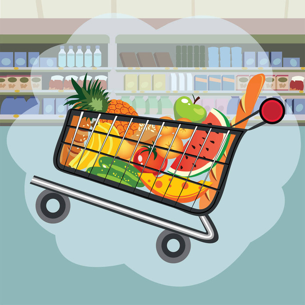 Lebensmittelwagen mit Lebensmitteln im Hintergrund der Supermarktregale - Vektor, Bild