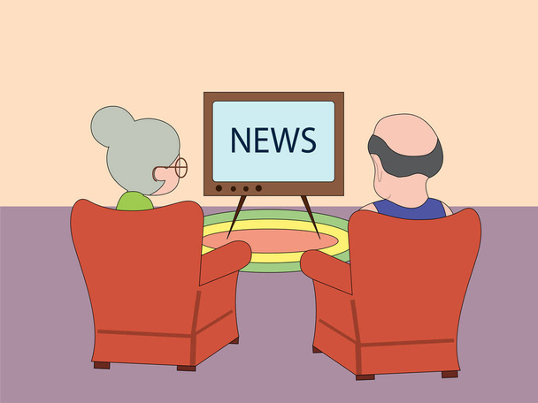 Grandparents stay quarantined at home and watch the news on TV, sitting in armchairs in the living room cartoon vector illustration - Vector, Image