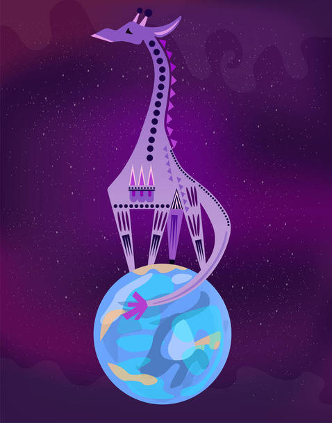 Giraffe stand on planet earth in space stars on purple background vector - Vector, Image