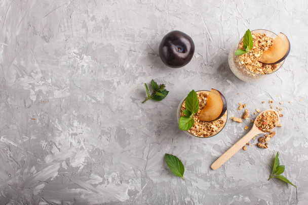Yoghurt with plum, chia seeds and granola in a glass and wooden spoon on gray concrete background. top view, flat lay, copy space. - Photo, Image