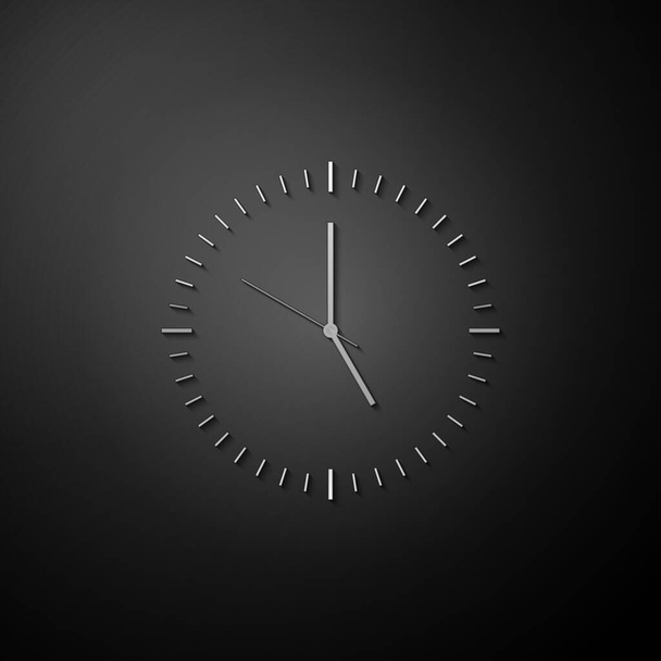 Піктограма срібного годинника ізольована на чорному тлі. Піктограма часу. Довгий стиль тіней. Векторні
. - Вектор, зображення