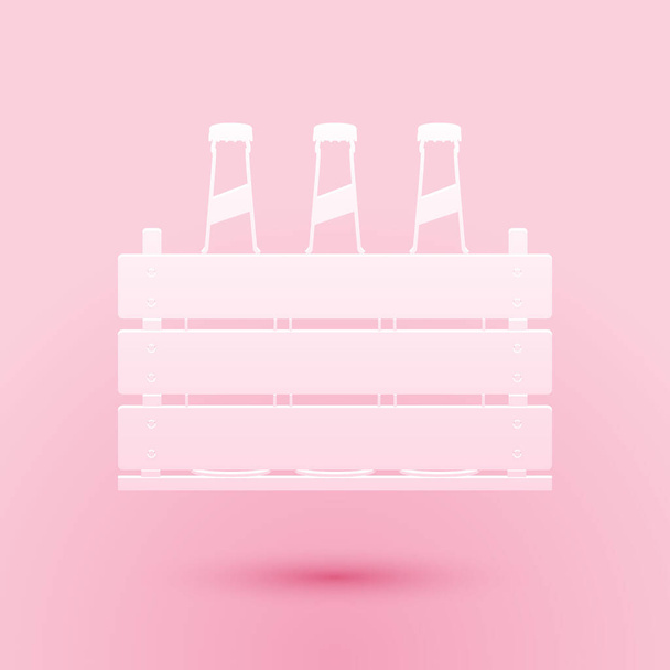 Паперовий виріз Пакет пивних пляшок ізольовано на рожевому фоні. Дерев'яна коробка і пляшки пива. Ящик для ящика для пива. Стиль паперового мистецтва. Векторні
. - Вектор, зображення