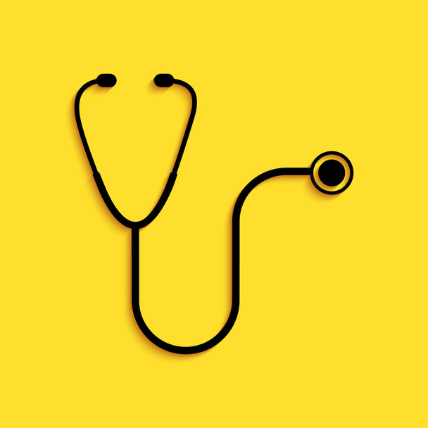 Schwarzes medizinisches Stethoskop-Symbol isoliert auf gelbem Hintergrund. Langer Schatten. Vektor. - Vektor, Bild