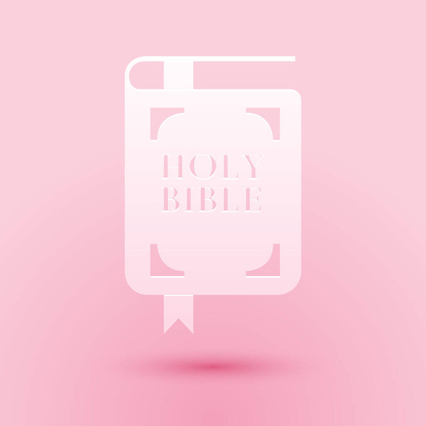 Papel cortado Icono del libro de la Sagrada Biblia aislado sobre fondo rosa. Estilo de arte de papel. Vector. - Vector, Imagen
