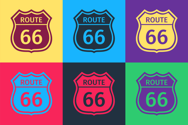 Pop art Americká ikona silnice izolované na barevném pozadí. Silnice číslo šedesát šest. Vektor. - Vektor, obrázek