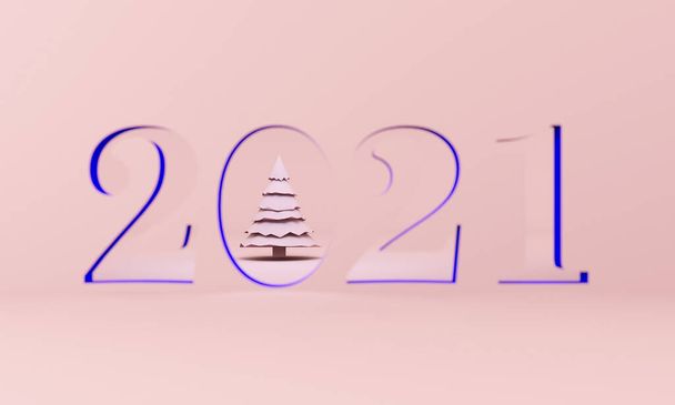 Καλή Χρονιά 2021. Ροζ 3D αριθμοί με ψαροκόκαλο. 3d απόδοση - Φωτογραφία, εικόνα