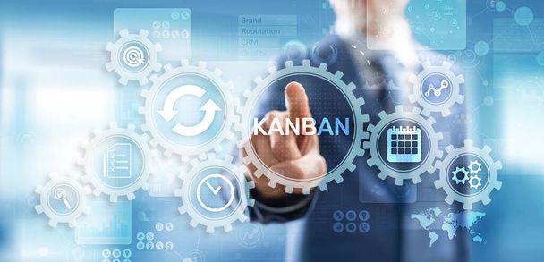 Kanban έννοια του συστήματος διαχείρισης ροής εργασίας στην εικονική οθόνη. - Φωτογραφία, εικόνα