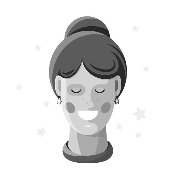 Portret młodej uśmiechniętej kobiety. Cartoon clip sztuki pięknej kobiecej twarzy z piegami. Czarno-biała ilustracja obrazu awatara cute uśmiechnięta dziewczyna ze stylową fryzurą - Wektor, obraz