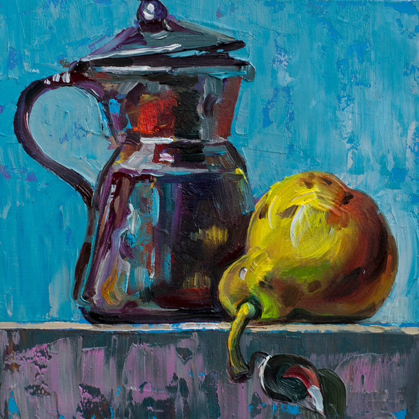 Arte pintura cafetería espresso y pera sobre fondo azul - Foto, imagen